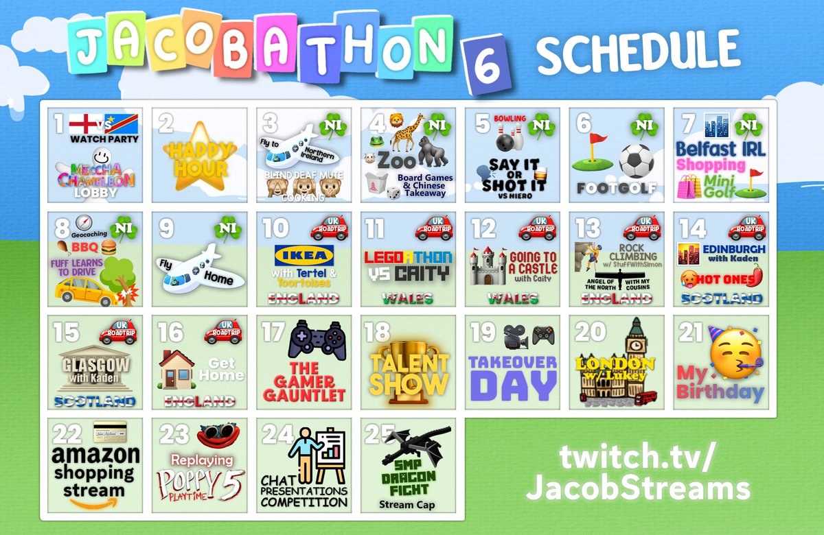 JacobStreams_'s tweet photo. 🚨 JACOBATHON 6 SCHEDULE 🚨

Tomorrow Jacobathon 6 kicks off, and we have SO MUCH planned! 

From a week in Northern Ireland, to a week long UK roadtrip with daily collabs, to the return of JacobStreams Got Talent! 😎

Hope you're as excited as I am! 
See you in chat 🫡 https://t.co/0qmQVFkAb9