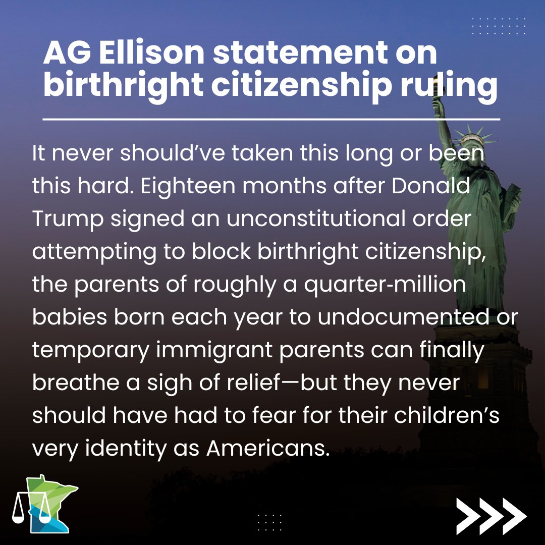 AGEllison's tweet photo. Here are my thoughts on the Supreme Court's ruling on birthright citizenship. https://t.co/xJmBx6PuaB