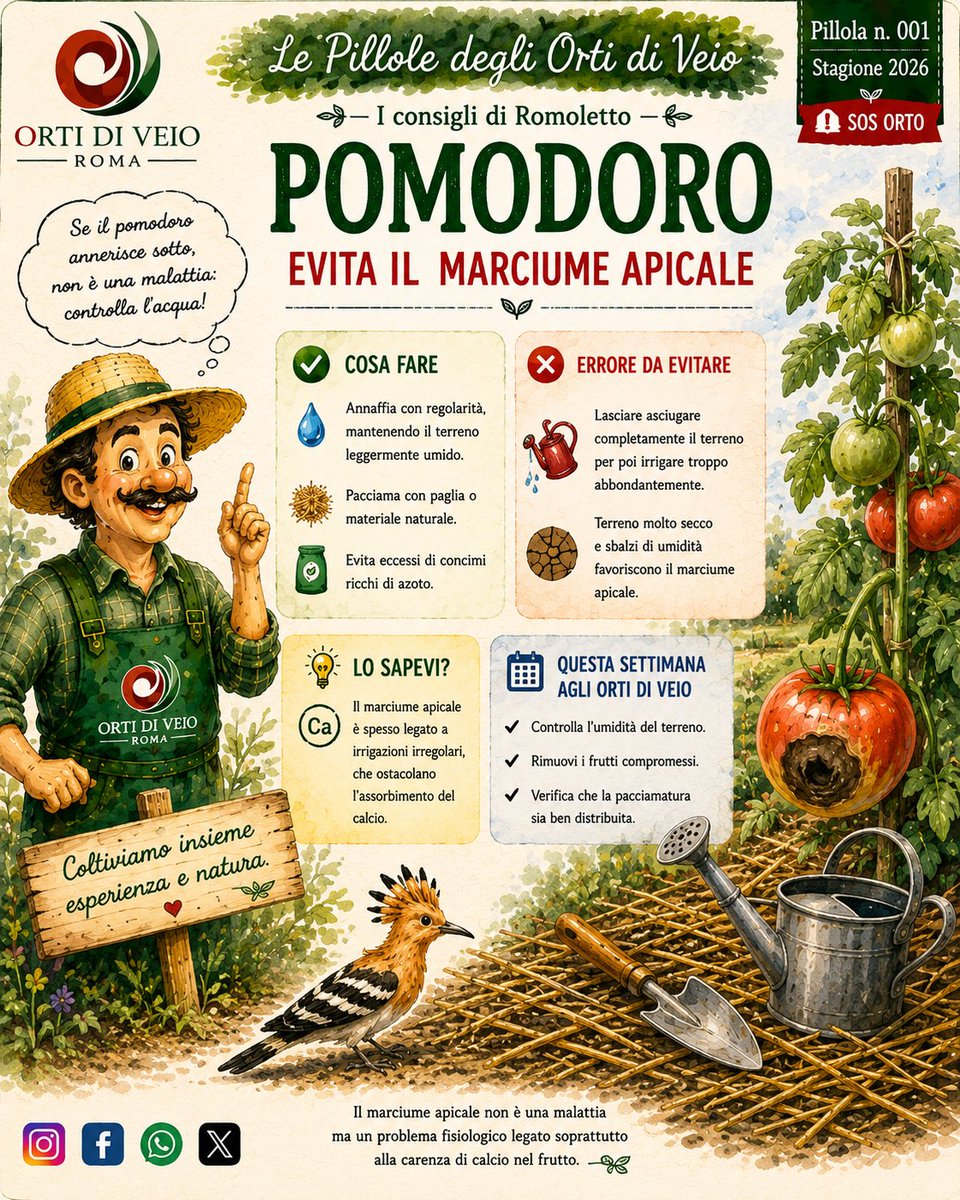 OrtidiVeio's tweet photo. Nascono le Pillole degli #OrtidiVeio

Da oggi, ogni lunedì, un consiglio pratico, semplice e stagionale per aiutarti a coltivare un orto sempre più sano e produttivo.

Iniziamo con la Pillola n. 001, dedicata a uno dei problemi più comuni del pomodoro: il #marciumeapicale. https://t.co/jepHCd9lWV