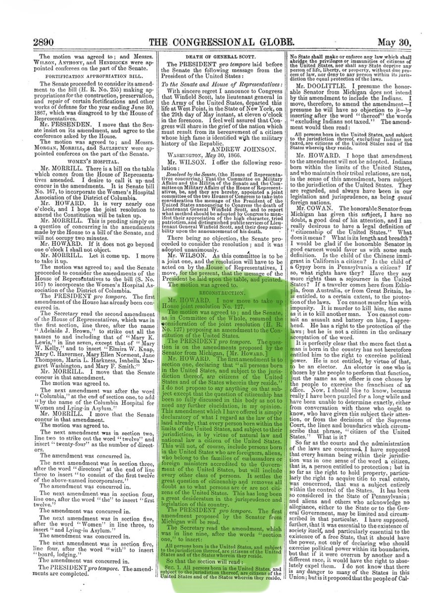 Andreafreedom76's tweet photo. The official record of the U.S. Senate debates (Congressional Globe, 39th Congress, on House Joint Resolution that became the 14th Amendment to the Constitution Republican Senator Jacob M. Howard remarks.  

“This will not, of course, include persons born in the United States who are foreigners, aliens, who belong to the families of ambassadors or foreign ministers accredited to the Government of the United States, but will include every other class of persons. It settles the great question of citizenship and removes all doubt as to what persons are or are not citizens of the United States."