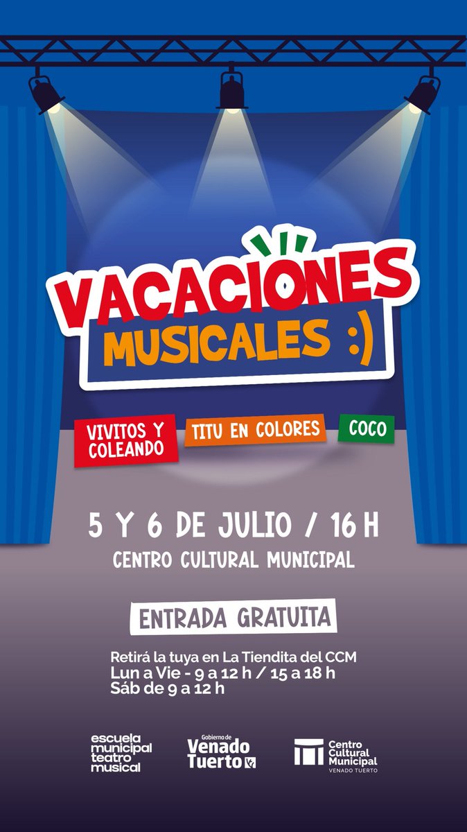 teatromusicalvt's tweet photo. *VACACIONES MUSICALES*
✳️5 y 6 de Julio

��️16.00 hs

🎟Entrada libre y gratuita 

✳️Centro Cultural Municpal 

✳️ desde mañana se pueden retirar entradas en la Tiendita Cultural ( Centro Cultural Municipal).

✳️ de 9.00 a 12.00 hs y de 15.00 a 18.00 hs https://t.co/w01xtWo05E
