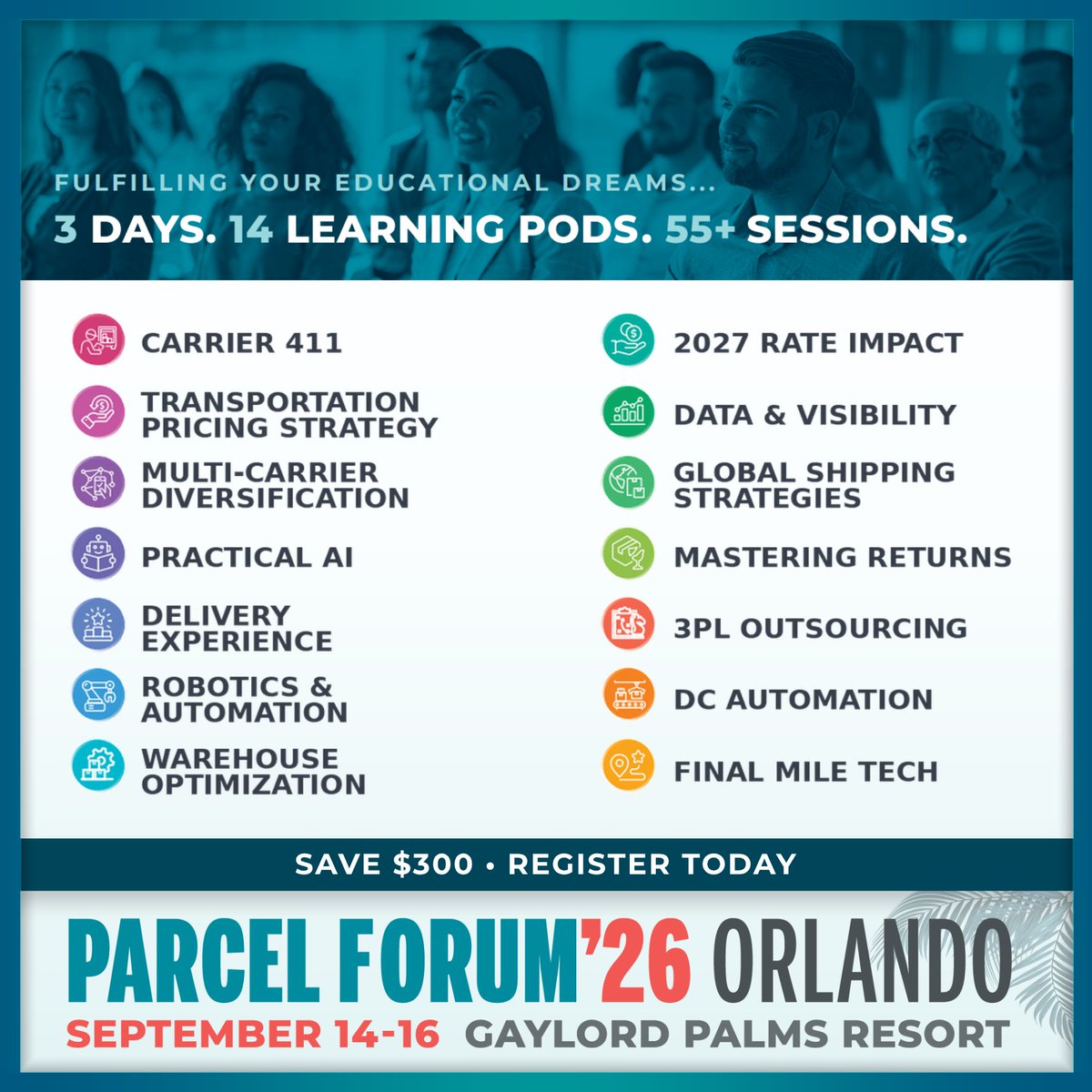 PARCELForum's tweet photo. 14 learning pods built around the real issues parcel teams are facing right now.

55+ sessions. 3 days.

Register and save $300 👉 https://t.co/Ja5FMCCbMR

#PARCEL26Orlando https://t.co/m8c2xBCIBw