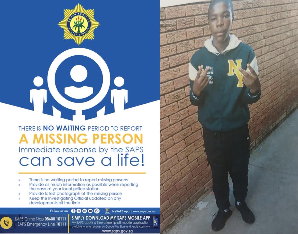 SAPoliceService's tweet photo. RT #sapsFS [HELP POLICE FIND MISSING 12-YEAR-OLD ALAIZA MOJAKI]

Allanridge #SAPS request assistance from the public to locate 12-year-old Alaiza Mojaki who was recently reported missing.

It is alleged that the missing child was last seen on Saturday, 27 June 2026. He reportedly left home at around 12:30 to go visit his friends. He has since not returned home. 

Preliminary investigations were conducted and he was still not found. A missing person's file was registered for further investigation.

Alaiza was last seen wearing blue denim jeans, a green and white baseball jacket and white Nike Air Force sneakers.

Anyone with information on the whereabouts of Alaiza Mojaki can contact Captain Molete on 082 466 6632 or contact the #CrimeStop Number on 08600 10111 or alternatively information can be sent anonymously on the #MySAPSApp. ST