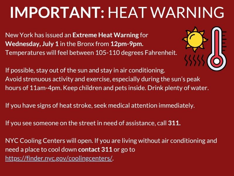BronxWorks's tweet photo. 🚨 NYC is under an Extreme Heat Warning on July 1. Stay cool, drink water, avoid strenuous activity, and keep children &amp; pets indoors. Need help or a cooling center? Call 311 or visit: https://t.co/2fH45sTJgP More tips: https://t.co/UYGkmggELM https://t.co/u0dJo8bs88