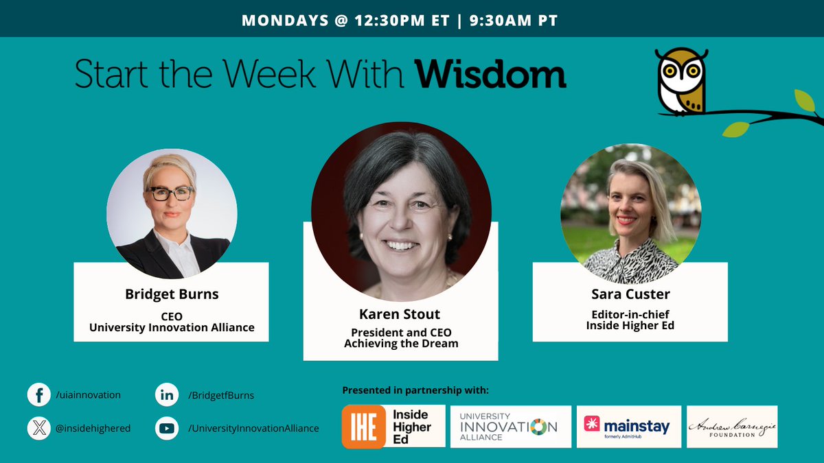 UIAinnovation's tweet photo. ⏰ Starting in 15 minutes

Join @bburnsedu &amp; @sarakcuster EIC of @InsideHigherEd for #WeeklyWisdom with @drkastout  of @AchieveTheDream on legacy, student success, and what higher ed leaders need to hear right now.

@hey_mainstay @CarnegieCorp https://t.co/AcH5yCdcSE