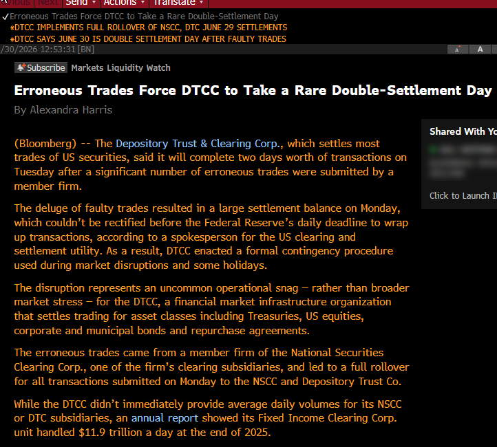 matthew_sigel's tweet photo. 🚨DTCC invokes its version of a sequencer halt after one 'validator' (member firm) spammed bad trades past the cutoff. 
Netting cycle deferred a day to a double settlement day, on the last day of the quarter. Hope no mistakes tonight. https://t.co/x7nUXIIksm