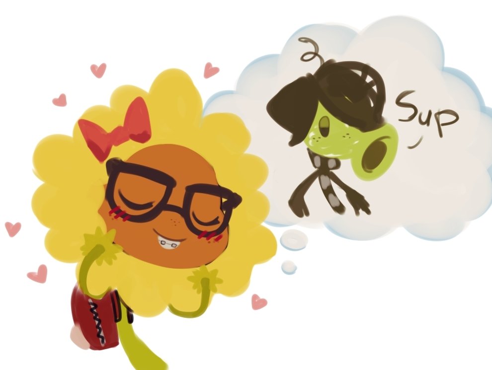 ScaredyDrew's tweet photo. Nerd Sunny is always thinking about her emo Pea.. 
#Pvz #pvzfanart https://t.co/RfxxzmkDLE