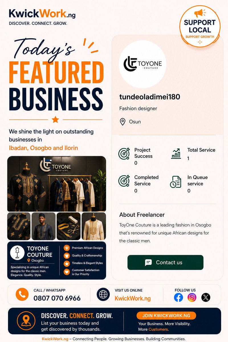 KwickworkNG's tweet photo. Today's Featured Business is TOYONE Coutoure,  Osogbo. 

This is a premium fashion brand that specializes in quality and unique African designs for classic men.

Connect with TOYONE Coutoure and other vendors on KwickWork . ng 
WhatsApp 0807 070 6966 

@toyone_couture https://t.co/6MGEu6ux1v