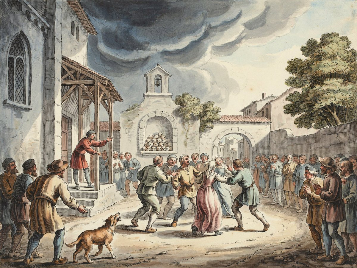 katty_pulsar's tweet photo. A woman named Frau Troffea walked into a street in Strasbourg and began dancing.  Within a month, hundreds of people had joined her in what became known as the Dancing Plague of 1518. Contemporary reports claim some dancers collapsed from exhaustion, heart attacks, or strokes. https://t.co/T8FHObdKzT