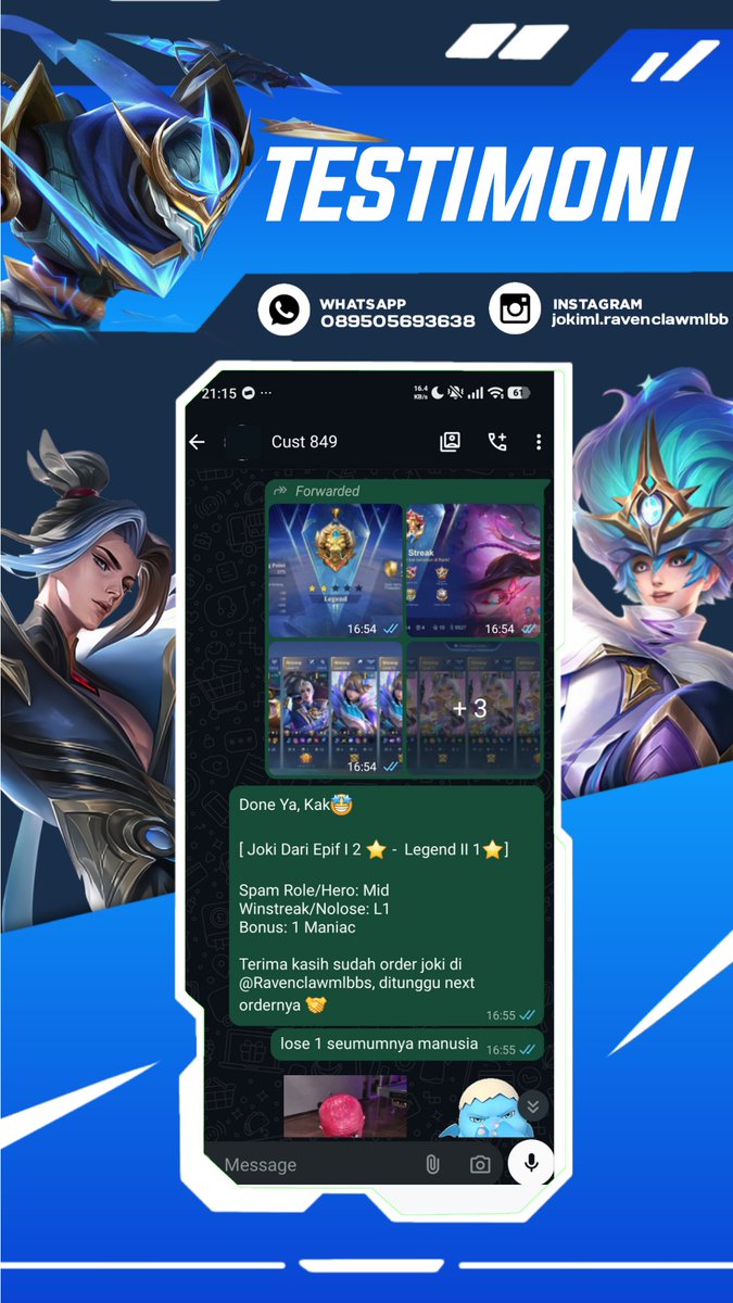 Ravenclawmlbbs's tweet photo. Done Joki ML

2509. Legend V 0  ★ -  Mythic ★
2510.  Epic I 2 ★ -  Legend II 1 ★ 
2511. Legend II 1 ★ -  Mythic ★ Nolose
2512. Epic II 1 ★ -  Legend V 1 ★ + Bonus 1 ★ 

#testiravenclawjoki #jokiml https://t.co/S6H4pcHfDO