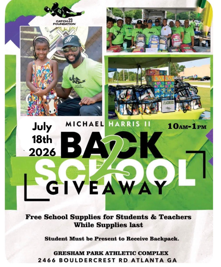 SJacksonEDU2's tweet photo. 🎒📚 Join us for the Michael Harris II Back-to-School Giveaway!
Free school supplies for students and teachers while supplies last! Students must be present to receive a backpack. 💚
#BackToSchool #Catch23Foundation #MichaelHarrisII #CommunityStrong #ReadySetLearn https://t.co/gtdXgcXBwh
