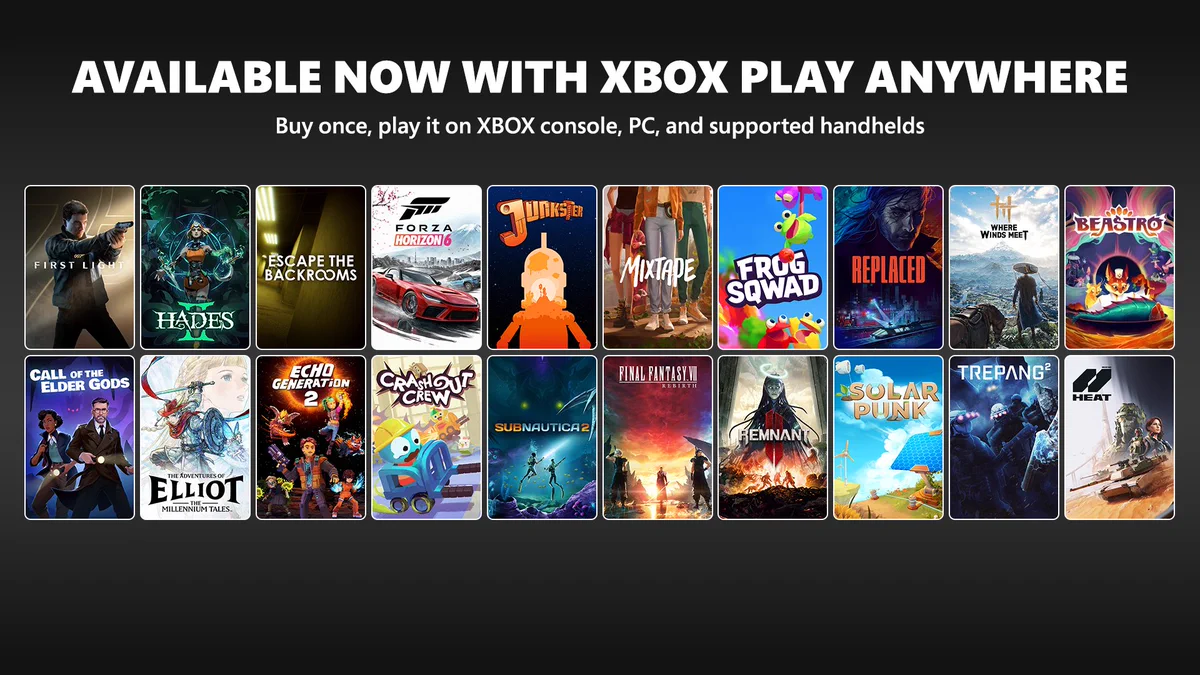 XBOX Play Anywhere promotional graphic announcing support for the following games: First Light, Hades II, Escape the Backrooms, Forza Horizon 6, Junkster, Mixtape, Frog Squad, Replaced, Where Winds Meet, Beastro, Call of the Elder Gods, The Adventures of Elliot: The Millennium Tales, Echo Generation 2, Crash Out Crew, Subnautica 2, Final Fantasy VII Rebirth, Remnant II, Solarpunk, Trepang2, and Heat. The sub-headline notes the games can be played across XBOX consoles, PC, and supported handheld devices.