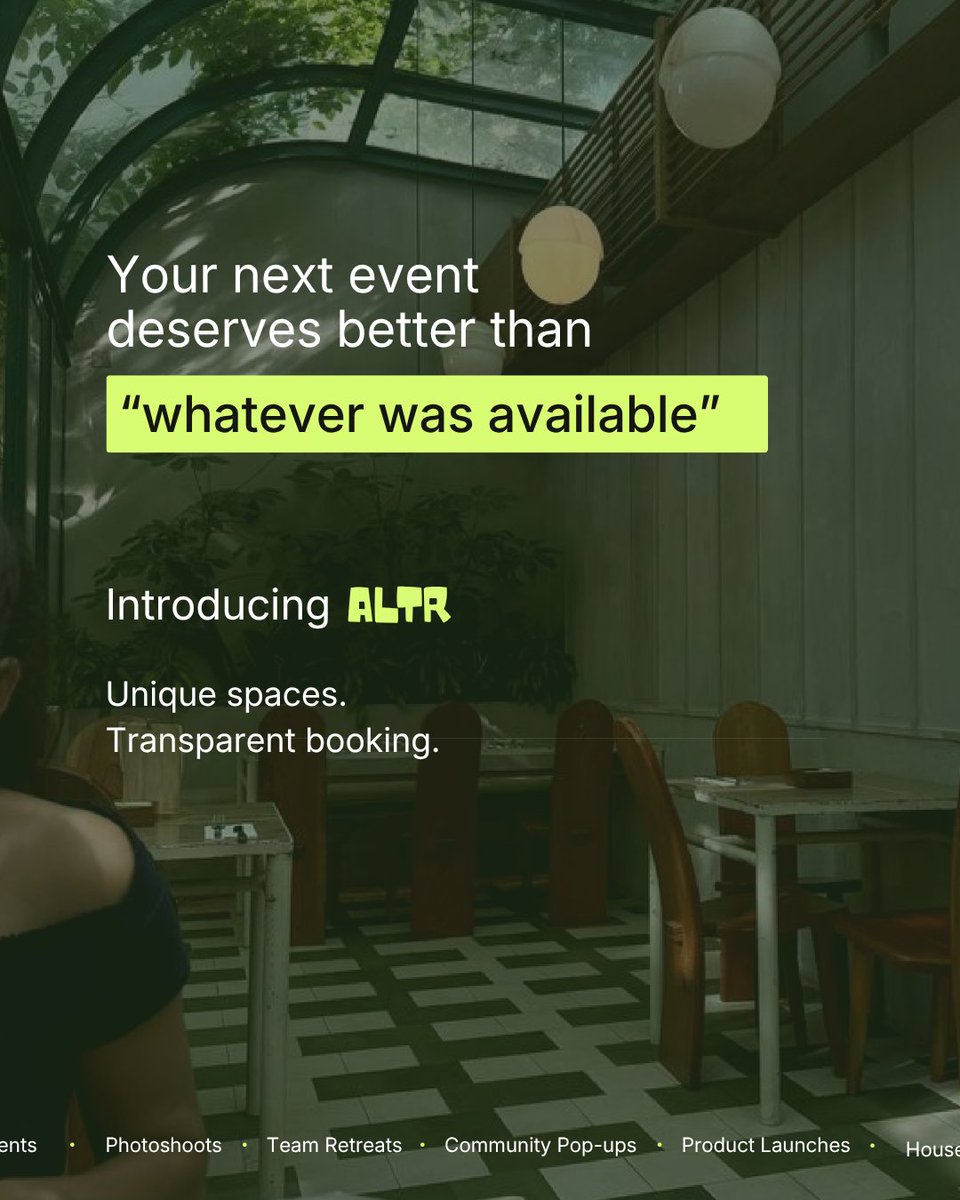 namanc19's tweet photo. For the past few weeks, I've been busy tinkering on something new (and no, it's not crypto)

Introducing @bookALTR - a marketplace for booking unique venues based on intent, not rigid categories.

Because nobody wakes up thinking: "I need a warehouse"

They think:
"I need somewhere to host a founder dinner"
"A venue for a community meetup"
"A location for a content shoot"
"A place to celebrate"

As AI makes creating and consuming digital content infinitely easier, authentic real-world experiences will become increasingly scarce.

The next generation of iconic companies won't just build software. They'll build the infrastructure that brings people together to meet, celebrate, collaborate, and create unforgettable memories.

From beautiful homes and artist studios to theatres, galleries, rooftops, cafés and hidden gems, ALTR helps people discover spaces that make every gathering memorable.

Rolling out soon in Mumbai and Bangalore with a curated collection of venues, while making the booking experience simpler for both organisers and venue hosts.

Join the waitlist below