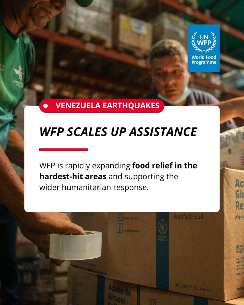 WFP's tweet photo. #Venezuela: Thousands of people have been displaced, with many families now sheltering in crowded evacuation centers.

WFP teams are aiming to reach up to half a million people in the hardest-hit areas with critical food assistance.

Read more: https://t.co/36qdsS9k0u https://t.co/WLM3GRDIc7