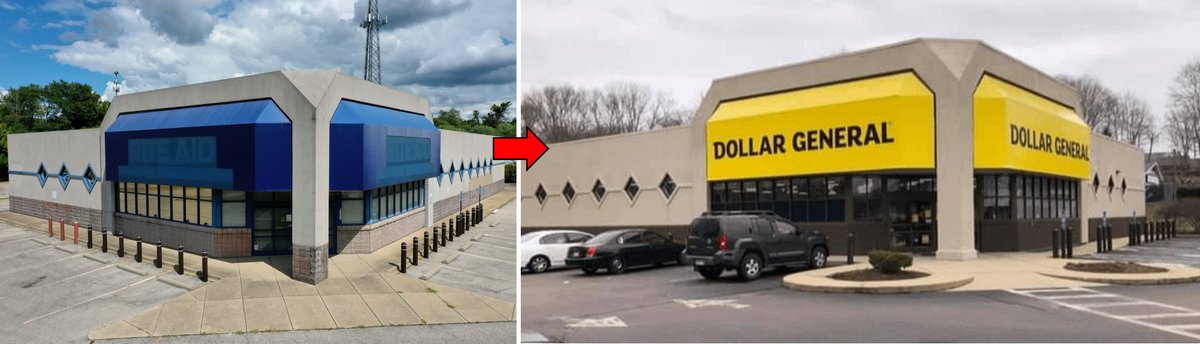 stacyfmitchell's tweet photo. For years, the drug chains were in a real estate arms race, overbuilding everywhere. Now the cost of that is coming due: Dollar General is taking over empty Rite Aids, a move that bypasses planning review. Our country, overrun with predatory dollar stores, will be even more so. https://t.co/FPC7GOhIuu