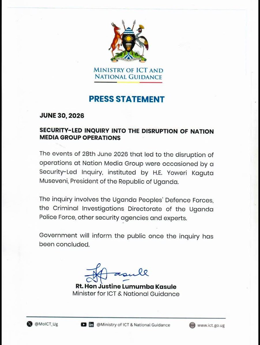 Sudhirntv's tweet photo. A statement from the Ministry of ICT and National Guidance on the closure of Nation Media Group in Uganda. https://t.co/38zbRIqOXs