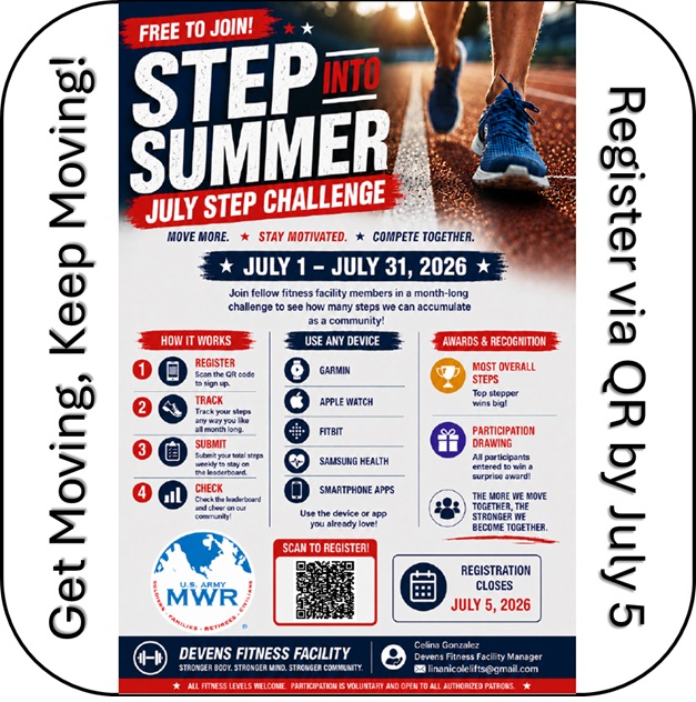 DevensFort's tweet photo. Use the QR code to register - by July 5 - for the month-long #StepIntoSummer July Step Challenge. #FMWR @FamilyMWR @USArmyReserve @nationalguard @Marforres @ArmyIMCOM @99thDiv @ASAFortDix @JointBaseMDL https://t.co/JwxcCdgL69