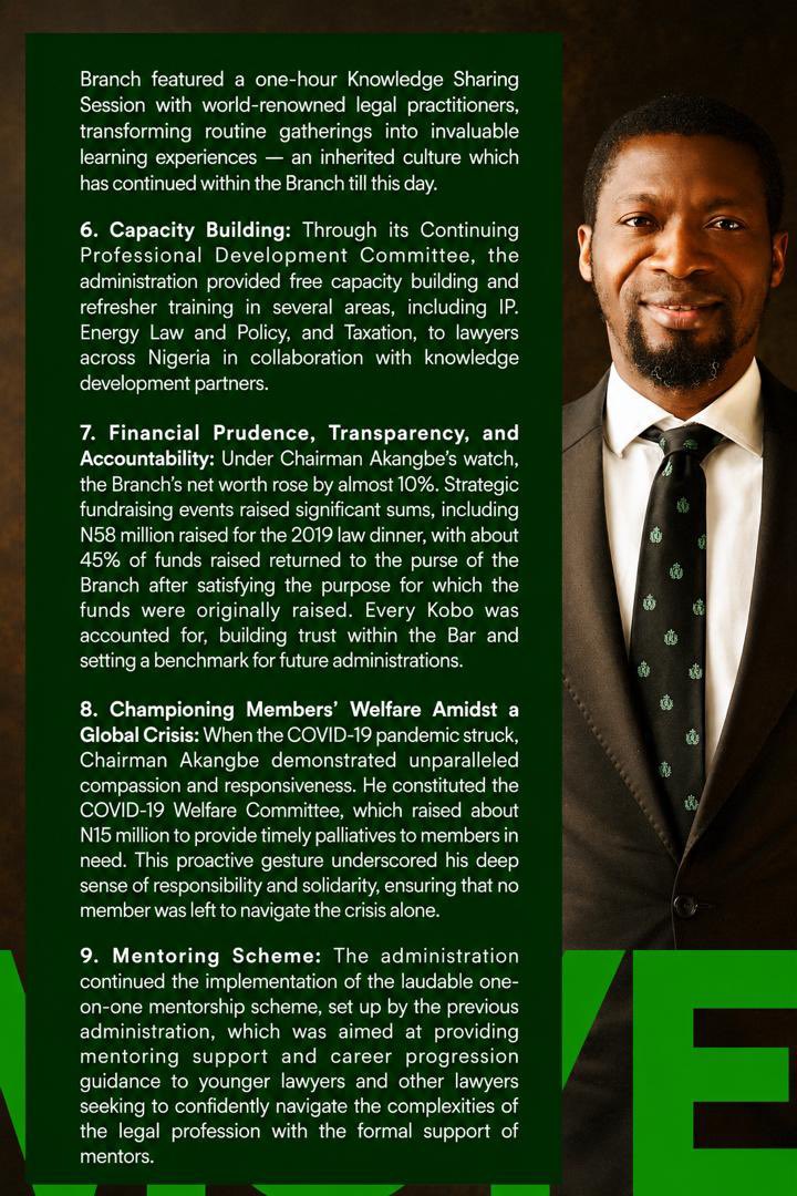 OmoyemiAkangbe's tweet photo. Great leadership is not about occupying office, it is about leaving an enduring impact. Throughout my years of service, I have believed that leadership is about building people, managing resources with integrity, and standing with members when they need it most.

That belief guided my stewardship as we strengthened capacity building through continuous professional development, upheld financial transparency and accountability, provided timely welfare support during the COVID-19 pandemic, and deepened mentorship to empower the next generation of lawyers. These are not promises, they are part of my record of service.

As we approach the Nigerian Bar Association presidential election on 20th July, I offer myself for service with the experience, character, and tested leadership needed to move our Association forward.

I believe our Bar deserves leadership founded on competence, integrity, and a clear vision for the future.
I humbly ask for your support and your vote on 20th July.

Together, let us build a stronger, more united Nigerian Bar.

Lateef Omoyemi Akangbe, SAN