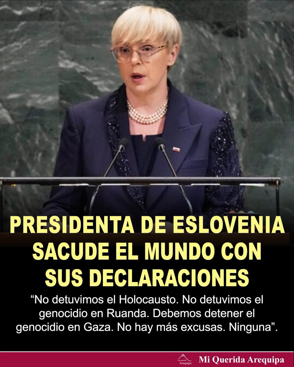 KarinArcus_ok's tweet photo. 🔴⚫️ 📢#Mundo

La presidenta de Nataša Pirc Musar sorprendió a la comunidad internacional al pronunciar uno de los discursos más contundentes de los últimos años durante la Asamblea General de la Organización de las Naciones Unidas.

Lejos de los habituales mensajes diplomáticos cargados de formalidades, la mandataria eslovena cuestionó con dureza a los líderes mundiales y denunció la falta de respuestas concretas frente a las guerras, la pobreza, la contaminación y las crecientes desigualdades que afectan a millones de personas.

"Si lo único que tenemos para ofrecer a la humanidad es terror, guerras, contaminación y desigualdad, entonces estamos fallando como civilización", fue el mensaje central que resonó en el recinto internacional.

Durante su intervención, Pirc Musar reclamó recuperar la dignidad humana y devolverle credibilidad a las instituciones globales. También pidió que la ONU vuelva a ocupar un rol activo en la prevención de conflictos y en la defensa de los derechos fundamentales.

La mandataria recordó algunos de los capítulos más oscuros de la historia moderna, entre ellos el Holocausto, el Genocidio de Ruanda y la Masacre de Srebrenica, señalando que la comunidad internacional llegó tarde o directamente no actuó para evitar tragedias humanitarias.

En uno de los momentos más tensos de su exposición, pidió detener de inmediato la guerra y el sufrimiento en Gaza, insistiendo en que el mundo ya no puede seguir mirando hacia otro lado.

Las declaraciones generaron una fuerte repercusión internacional y reabrieron el debate sobre el papel de los organismos multilaterales frente a los conflictos que sacuden al planeta.

"Ya no quedan excusas", insistió la presidenta. Una frase que resonó en el recinto y que hoy recorre el mundo como una crítica directa a la inacción de los poderosos frente a las grandes crisis de nuestro tiempo.