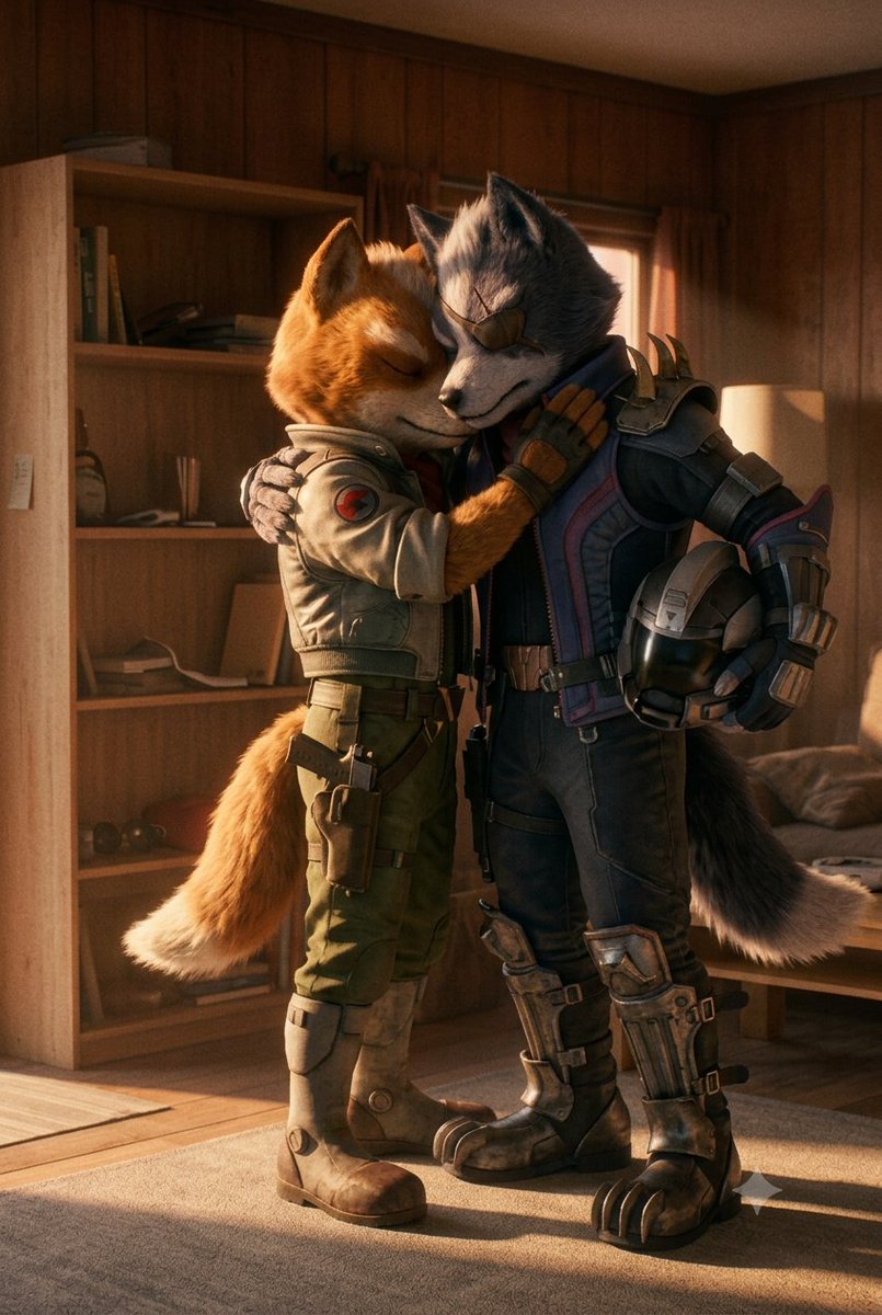 WolfMePlease's tweet photo. Fox: Make sure you miss me.
Wolf: I'm missing you already. 

#StarFox #StarWolf #Wolfox #FoxMcCloud #WolfODonnell #AIArt #Furry #FanArt #Gay #FurryArt #FurryAI #IAfurry https://t.co/ku20nQOZn0