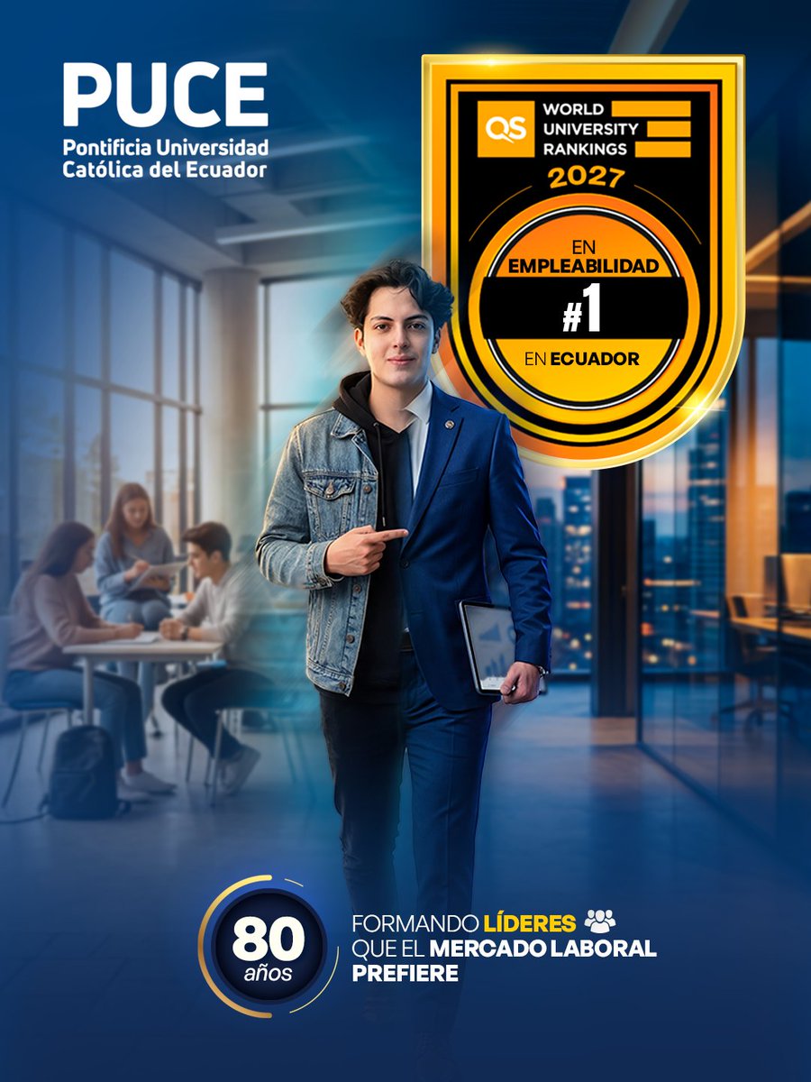 PUCE_Ecuador's tweet photo. 🚀 ¡La excelencia no se detiene, se consolida! 🏆
🥇 Por quinto año consecutivo, lideramos los resultados de empleabilidad en el Ecuador, según el QS World University Rankings 2027.
La mejor prueba de la calidad de la PUCE: más de 7 de cada 10 de nuestros graduados tienen empleo. 💼✨
80 años con prestigio liderando la educación superior 💙