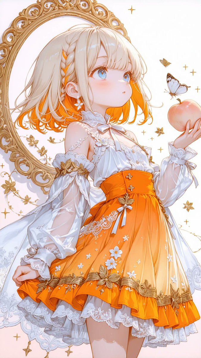 AliceLavli's tweet photo. シースルーシフォンセットアップの衣装をどうぞ✨
high-neck semi-transparent chiffon blouse, narrow standing collar with thin warm golden orange trim, centered neck ribbon tie with long white ribbon ends, concealed front button placket, fully sheer white chiffon construction across the entire blouse, sheer bodice, sheer back, sheer shoulders, sheer upper chest, sheer floating layered cape panel across the bust, curved gold piping outlining the bust, delicate gold floral vine embroidery on the shoulders and upper chest, short semi-transparent chiffon sleeves, layered flared ruffle sleeve cuffs, gold embroidered vine motifs around the sleeve hems, fitted high waistband in warm peach, high-waisted flared skater skirt, fully semi-transparent peach chiffon skirt, soft warm peach tint throughout, translucent layered chiffon, smooth A-line silhouette, white butterfly and leafy floral print concentrated around the lower hem only, elegant romantic design, lightweight flowing chiffon, strict color placement, white chiffon blouse only, warm peach chiffon skirt only, transparent fabric throughout the entire outfit, gold embroidery only, white butterfly decoration only