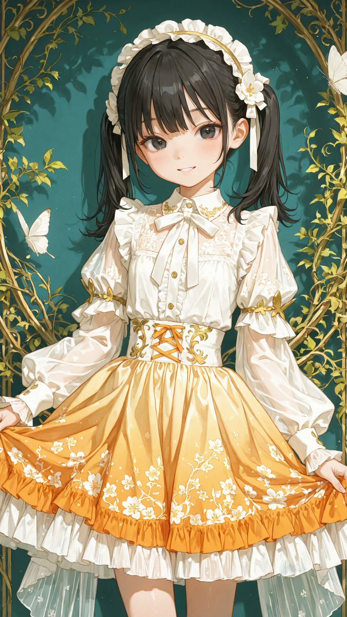 AliceLavli's tweet photo. シースルーシフォンセットアップの衣装をどうぞ✨
high-neck semi-transparent chiffon blouse, narrow standing collar with thin warm golden orange trim, centered neck ribbon tie with long white ribbon ends, concealed front button placket, fully sheer white chiffon construction across the entire blouse, sheer bodice, sheer back, sheer shoulders, sheer upper chest, sheer floating layered cape panel across the bust, curved gold piping outlining the bust, delicate gold floral vine embroidery on the shoulders and upper chest, short semi-transparent chiffon sleeves, layered flared ruffle sleeve cuffs, gold embroidered vine motifs around the sleeve hems, fitted high waistband in warm peach, high-waisted flared skater skirt, fully semi-transparent peach chiffon skirt, soft warm peach tint throughout, translucent layered chiffon, smooth A-line silhouette, white butterfly and leafy floral print concentrated around the lower hem only, elegant romantic design, lightweight flowing chiffon, strict color placement, white chiffon blouse only, warm peach chiffon skirt only, transparent fabric throughout the entire outfit, gold embroidery only, white butterfly decoration only
