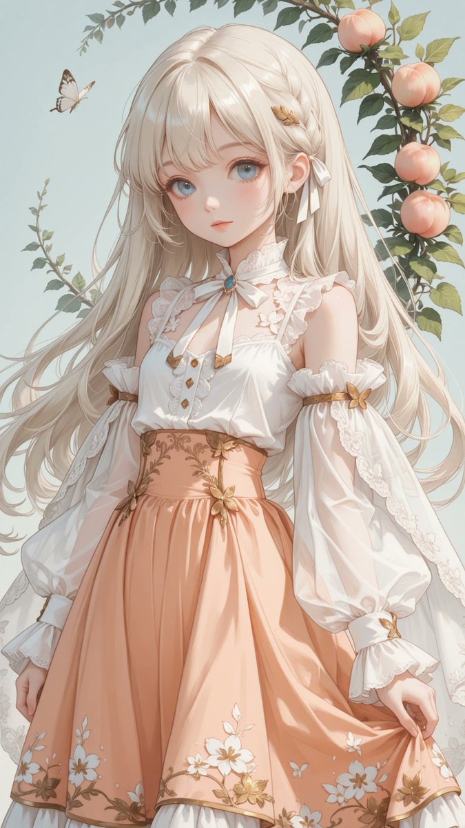 AliceLavli's tweet photo. シースルーシフォンセットアップの衣装をどうぞ✨
high-neck semi-transparent chiffon blouse, narrow standing collar with thin warm golden orange trim, centered neck ribbon tie with long white ribbon ends, concealed front button placket, fully sheer white chiffon construction across the entire blouse, sheer bodice, sheer back, sheer shoulders, sheer upper chest, sheer floating layered cape panel across the bust, curved gold piping outlining the bust, delicate gold floral vine embroidery on the shoulders and upper chest, short semi-transparent chiffon sleeves, layered flared ruffle sleeve cuffs, gold embroidered vine motifs around the sleeve hems, fitted high waistband in warm peach, high-waisted flared skater skirt, fully semi-transparent peach chiffon skirt, soft warm peach tint throughout, translucent layered chiffon, smooth A-line silhouette, white butterfly and leafy floral print concentrated around the lower hem only, elegant romantic design, lightweight flowing chiffon, strict color placement, white chiffon blouse only, warm peach chiffon skirt only, transparent fabric throughout the entire outfit, gold embroidery only, white butterfly decoration only