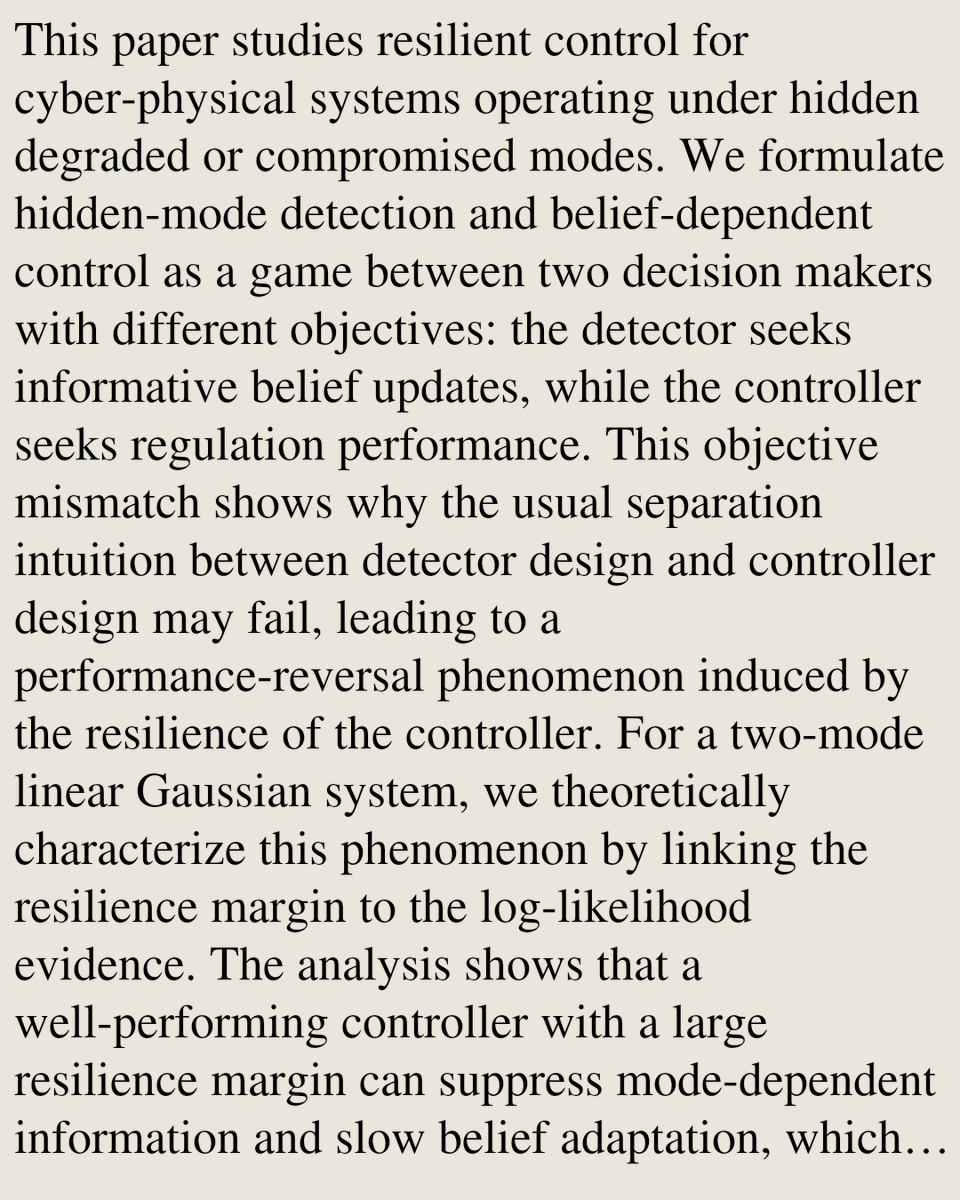 SystemsAndCtrl's tweet photo. Detection-Control Games under Hidden Modes: Resilience-Induced Blindness Phenomenon

Anh Tung Nguyen, Quanyan Zhu
https://t.co/jEQbX9ztfU [𝚎𝚎𝚜𝚜.𝚂𝚈] https://t.co/SLvOpi7grg