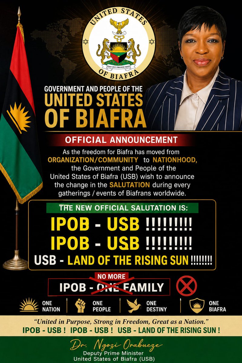 Dgreat247's tweet photo. BREAKING NEWS... 
IT'S OFFICIAL: NO MORE IPOB ONE FAMILY❌.. IT NOW . 

IPOB-USB✅
IPOB-USB✅
IPOB-USB✅
USB LAND OF THE RAISING SUN ☀️✅✅✅✅✅✅✅✅✅✅✅ https://t.co/GEwU1TEpXu
