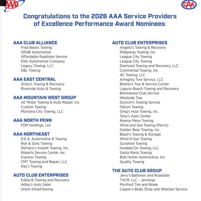 GSTA_NJ's tweet photo. Congratulations to the 2026 AAA Service Providers of Excellence!

The Garden State Towing Association proudly recognizes this year's recipients for their commitment to safety, professionalism, &amp; outstanding service. Thank you for raising the standard in the towing industry! https://t.co/fUCrDSnLZa