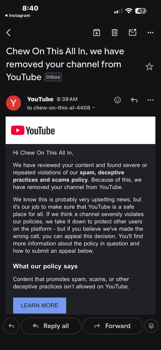 CruzBachelor's tweet photo. @TeamYouTube I just got this notification for a channel that has not posted in years and all that was on it was my fishing content. Please explain what is going on at YouTube. This channel is 8 or 9 years old. Has not been posted to in a long time. https://t.co/Zskmc2noRc