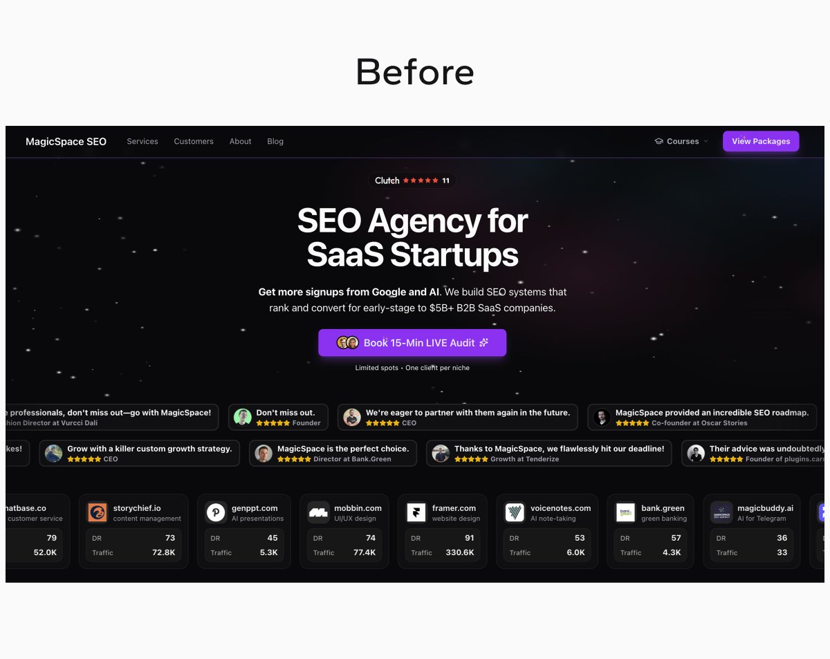 harneetsahi's tweet photo. Above the fold #5:
Redesigned @magicspaceseo's hero.
Two versions: light and dark.
Focus was stripping back on visual elements and making the design more cohesive.

Here's some of the design decisions 🧵 (concept work) https://t.co/Ri0rlh4uIx