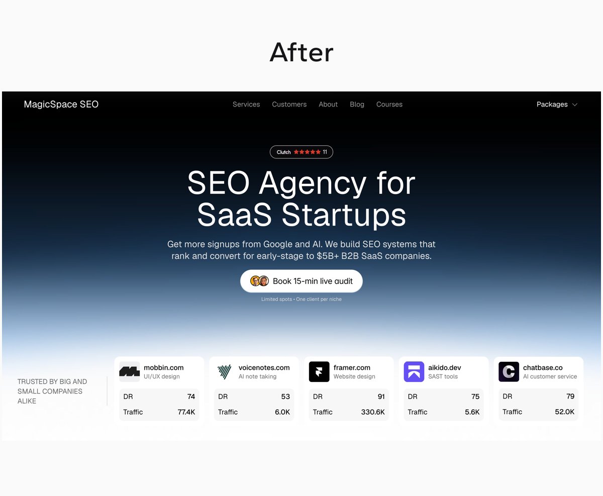 harneetsahi's tweet photo. Above the fold #5:
Redesigned @magicspaceseo's hero.
Two versions: light and dark.
Focus was stripping back on visual elements and making the design more cohesive.

Here's some of the design decisions 🧵 (concept work) https://t.co/Ri0rlh4uIx
