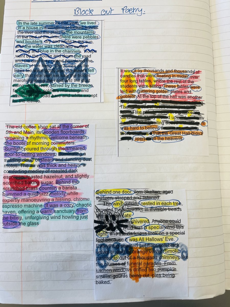 DurlstonSeniors's tweet photo. In #durlstonenglish Year 8 created poetry from famous texts. Using passages by Ernest Hemmingway, JK Rowling & R Bradbury, they created their own unique poem using the words already written. Any words left, were blocked to help our chosen words stand out.
#durlstoncreate https://t.co/srQ5cjvvve