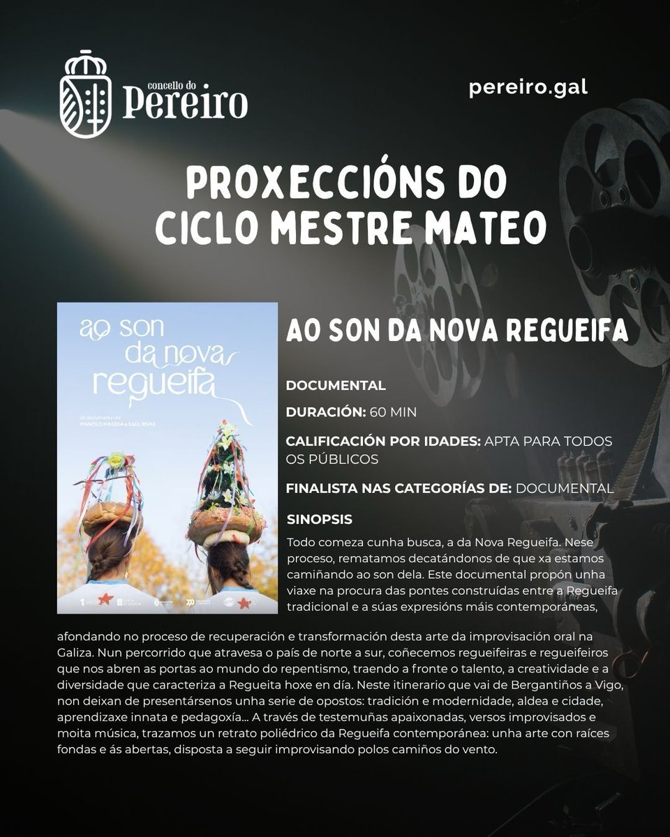 ConcelloPereiro's tweet photo. 🎬 Proxección do ciclo Mestre Mateo no Pereiro

O Concello do Pereiro de Aguiar continúa coas proxeccións do ciclo Mestre Mateo coa emisión de “Ao son da nova regueifa”, un documental que nos achega á recuperación e transformación da regueifa en Galicia. https://t.co/lJCVVoEc0t