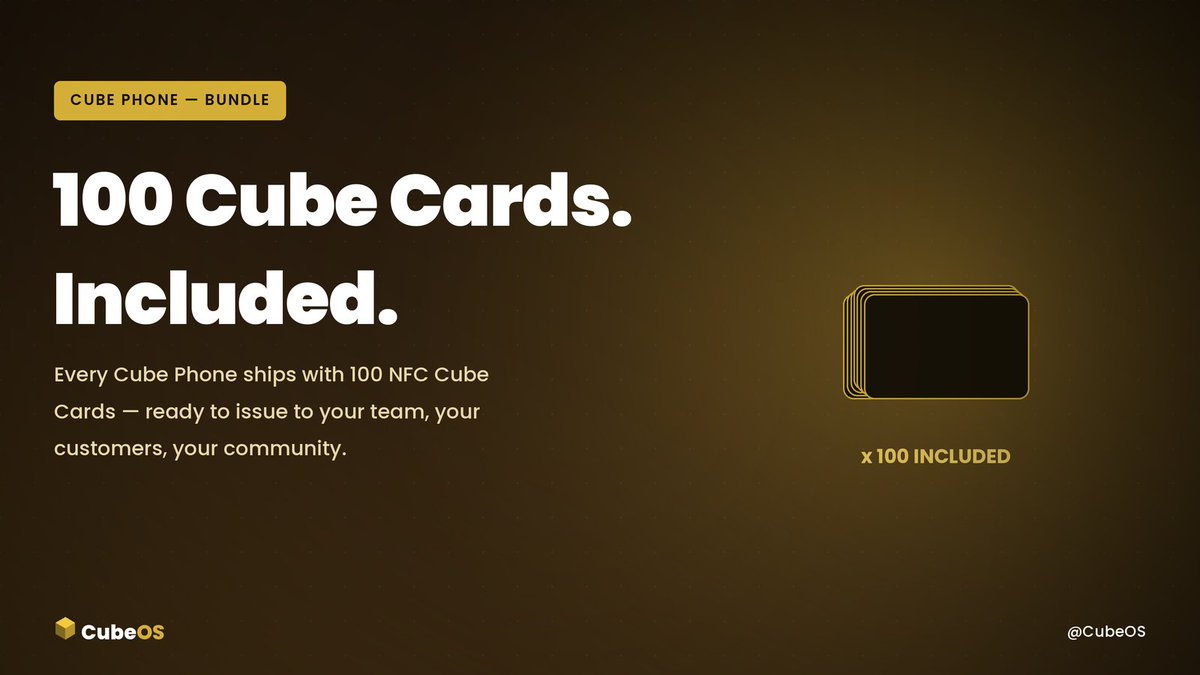 cubeoss's tweet photo. Every Cube Phone ships with 100 NFC Cube Cards, ready to issue to your team, your customers, your community. Onboarding, solved before you even unbox it. 

#CubeOS #Cfuel #CubePhone #CubeCard #BuildOnChain https://t.co/VieXOba5JD