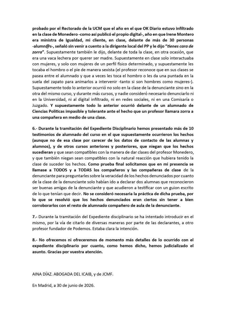 AinaDiazV's tweet photo. Juan Carlos @MonederoJC y yo hemos preparado este comunicado respecto a la noticia de la sanción de la UCM.

Os animo a que saquéis conclusiones después de leerlo, y a que pongáis nombre a lo sucedido.

Ganas, muchas, de la vía judicial. 
Y de la debida justicia y reparación. https://t.co/haQ9lB0qkr