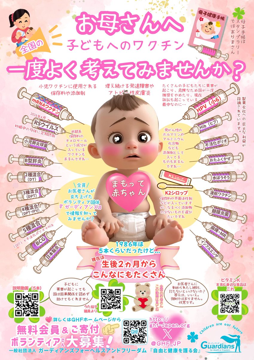 0Eyrxu29Vzgo33L's tweet photo. 何十年も流行っていない病に怯え
劇薬を生後2ヶ月から
両手両足に混合ワクチンを同時接種する事の異常性に気が付かない
日本人の異常さ😰
乳幼児突然死、自閉症や奇形、小児がん、特殊学級が
打てば打つほど増え
不妊症にもなっている
製薬利権のカモにされている日本人 https://t.co/OaRBia3wTY