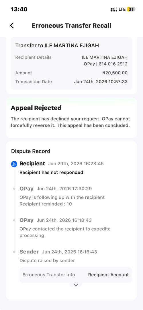 SirCliff01's tweet photo. @OPay_NG @cenbank @officialEFCC 
So my wife mistakenly made a transfer of N20,500 to ILE MARTINA EGIGAH (6140162912 ) OPAY on the 24/6/24 &amp; immediately rushed to Opay Uyo office at 2 lanes, Uyo to report. The account owner was notified only to for us to receive dis today https://t.co/syZH5de95E