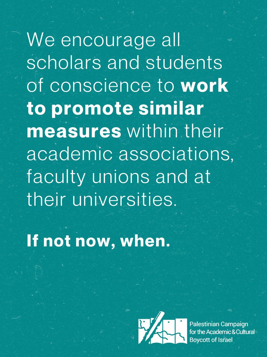 PACBI's tweet photo. We encourage all scholars and students of conscience to work to promote similar measures within their academic associations, faculty unions and at their universities.

If not now, when. https://t.co/JOeyf9GWUJ