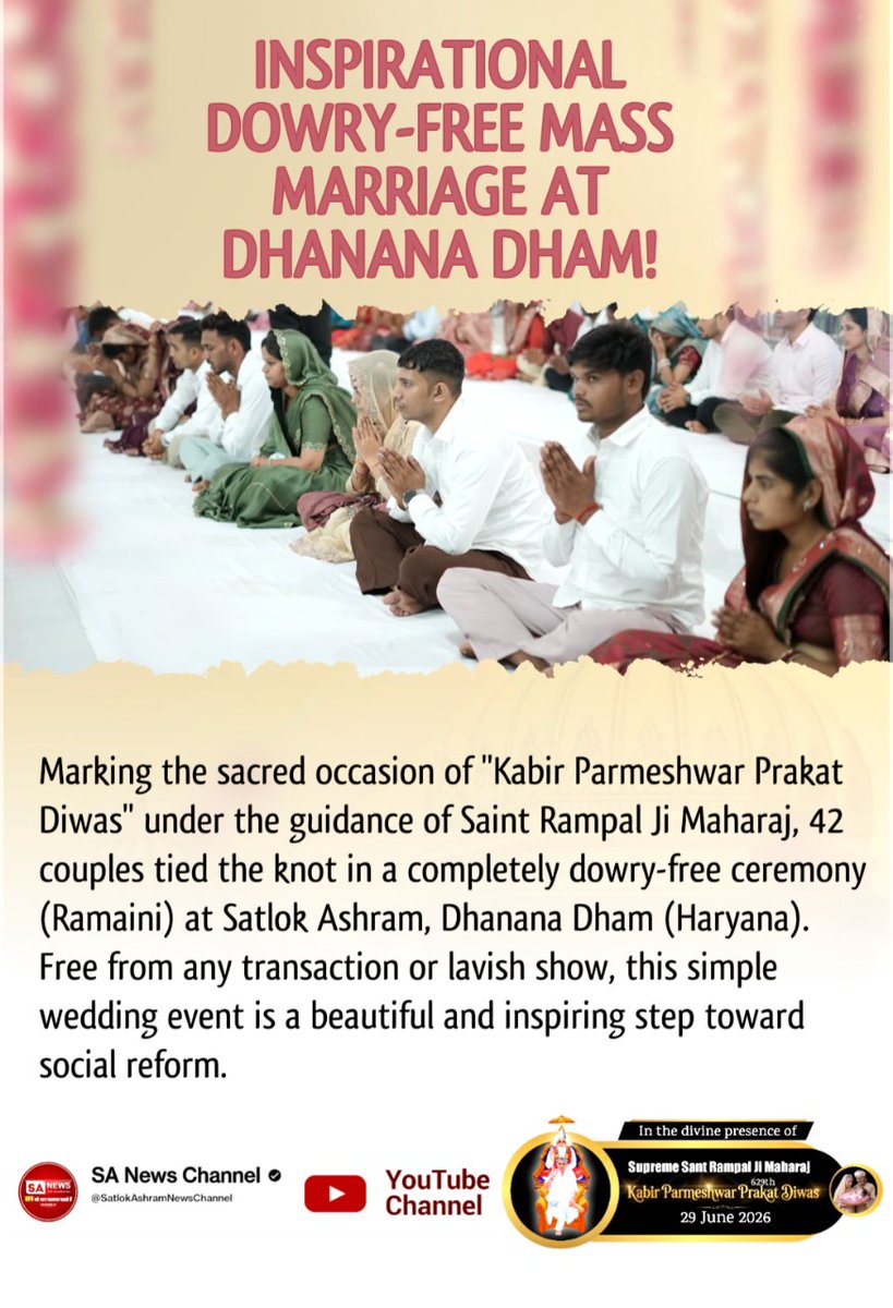 Narendrak2001's tweet photo. completely dowry-free marriages (*Ramaini*) at Satlok Ashram, Dhanana Dham (Haryana). Conducted without any exchange of gifts or ostentatious display, this wedding ceremony represents a positive step towards social reform.
Mission Of Sant Rampal Ji https://t.co/XZ2yknaRL8