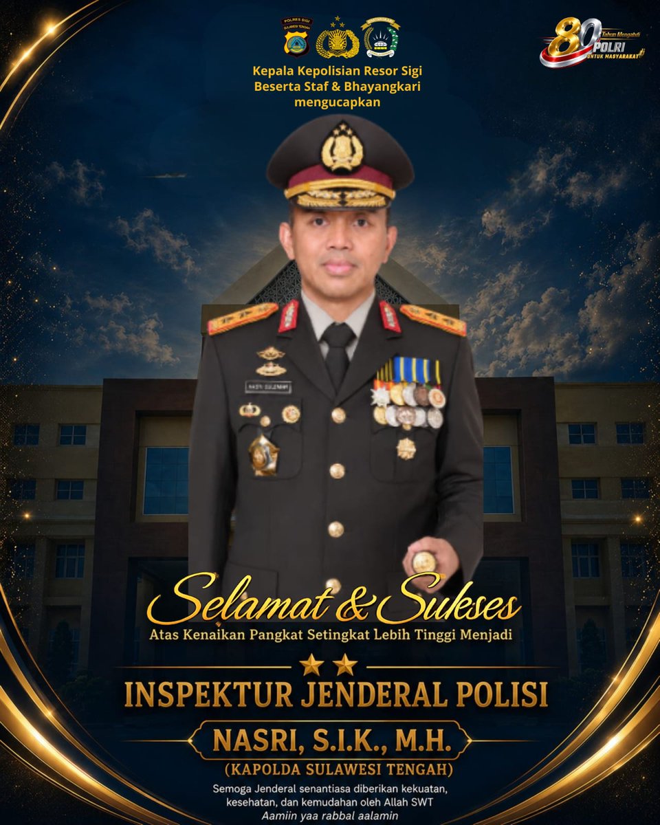 HumasSigi's tweet photo. Kepala Kepolisian Resor Sigi Berserta Staf dan Bhayangkari Mengucapkan 
Selamat dan Sukses Atas Kenaikan Pangkat Setingkat Lebih Tinggi Menjadi
Inspektur Jenderal Polisi Nasri, S.I.K.,M.H
(Kapolda Sulawesi Tengah) https://t.co/xTSApatWSk