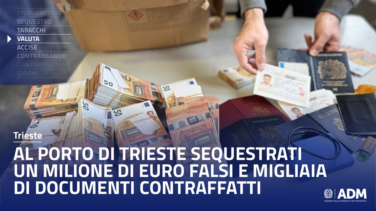 AdmGov's tweet photo. Sequestrati da #ADMgov e @GDF 1,1 milioni di euro falsi e documenti contraffatti al porto di Trieste

https://t.co/n3S6wRCH6I https://t.co/mwv8AIXoVM