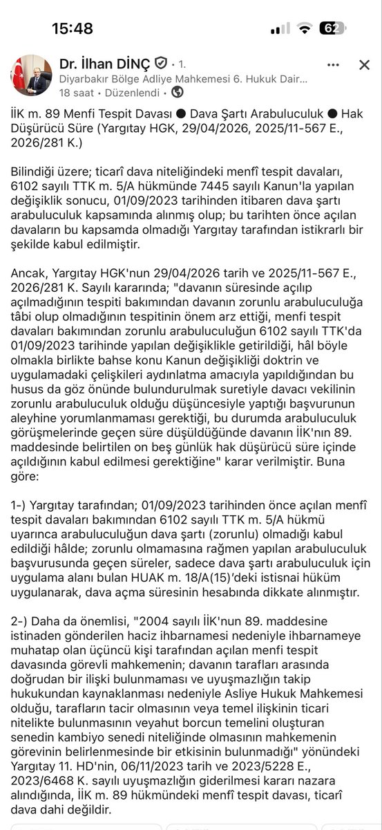 AvTarikCilekci's tweet photo. -IlK m. 89 Menfi Tespit Davası
 -Dava Şartı Arabuluculuk 
-Hak Düşürücü Süre

Son Güncel Durum: ⏬

 (Yargıtay HGK, 29/04/2026, 2025/11-567 E., 2026/281 K.) https://t.co/desGBEoRDm