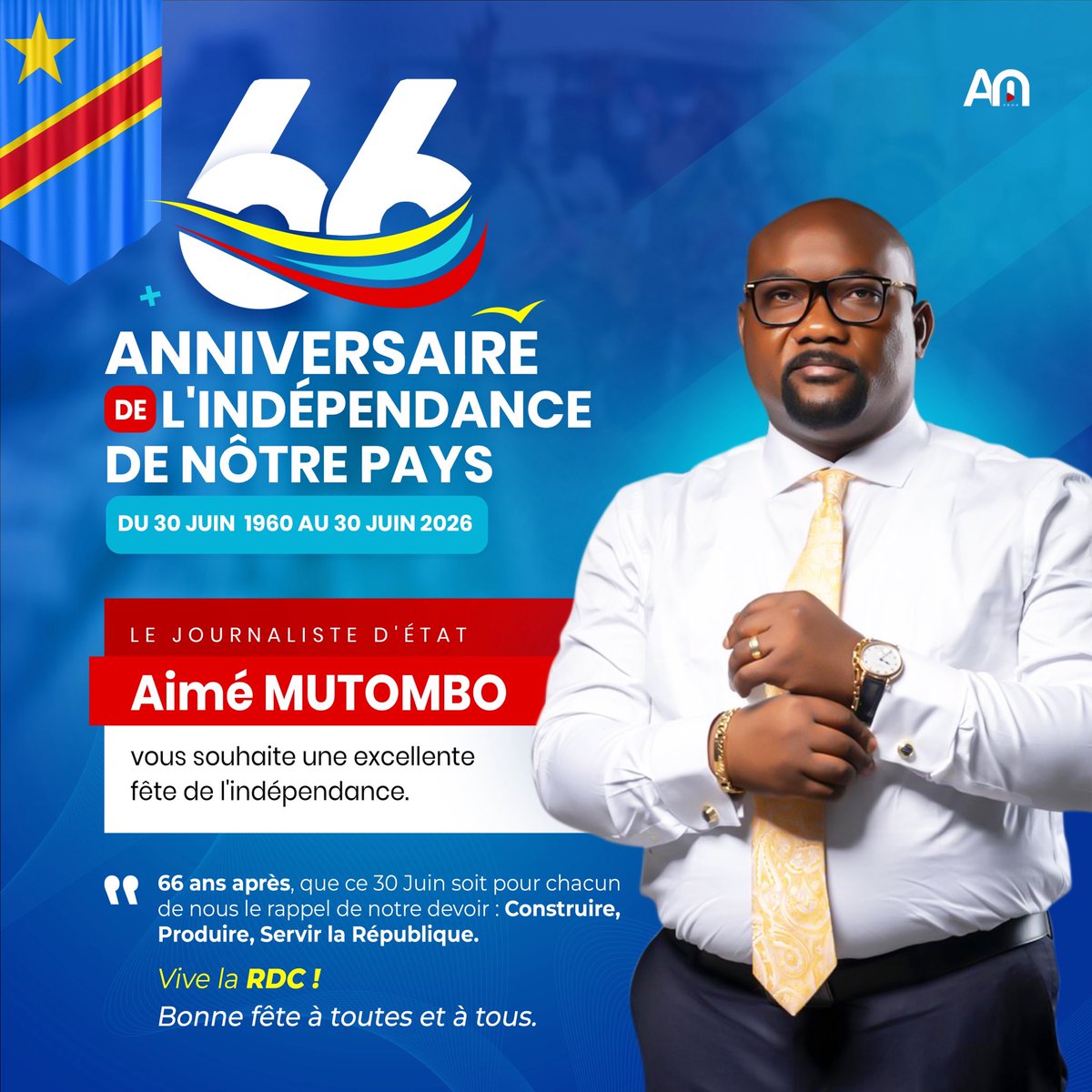 aimemutombo01's tweet photo. Bonne fête de l'Indépendance ✨
À l'occasion de ce 66ème anniversaire, le Journaliste d'État Aimé MUTOMBO vous souhaite une excellente fête.
Unissons nos forces pour Construire, Produire et Servir notre chère patrie. Vive la RDC ! #congo #Rdc #lipanda
— AM https://t.co/ZcxKpgTsxc