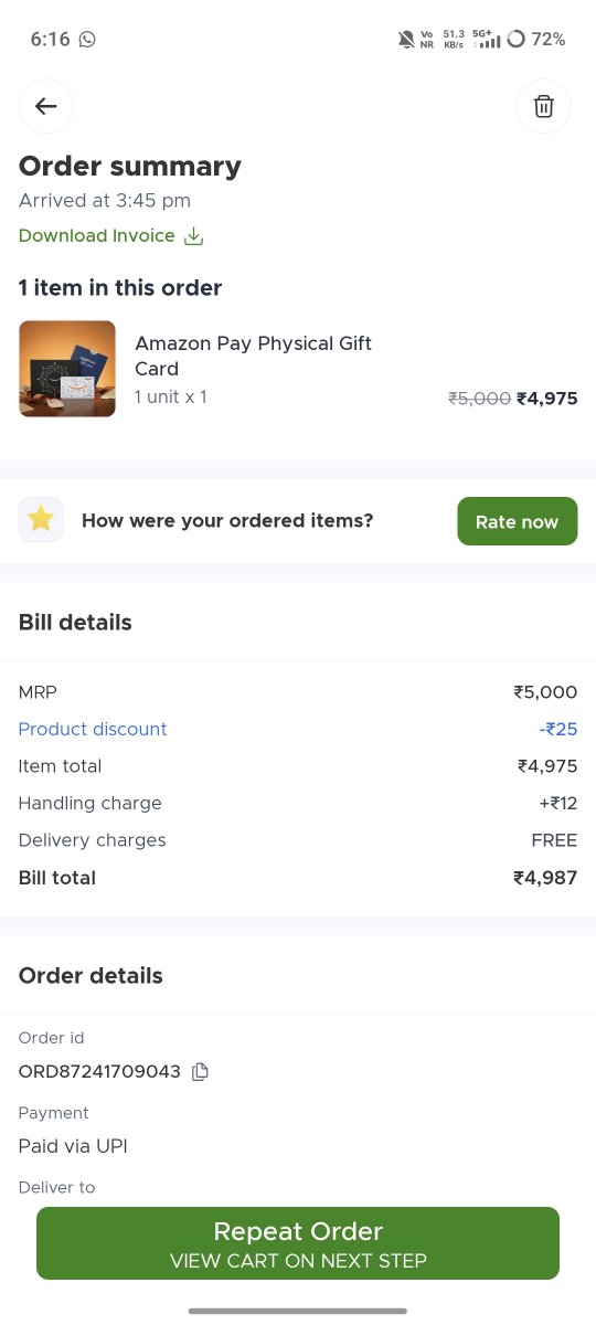 unleveragedwarf's tweet photo. Pathetic service by @letsblinkit
@blinkitcares 

Ordered a physical @amazonIN gift card worth 5000 rupees from blinkit. The card gets delivered but a different reference no card gets activated. Contacted blinkit support they told to connect on the mail for the resolution.(1/n) https://t.co/OAytTgNLNV