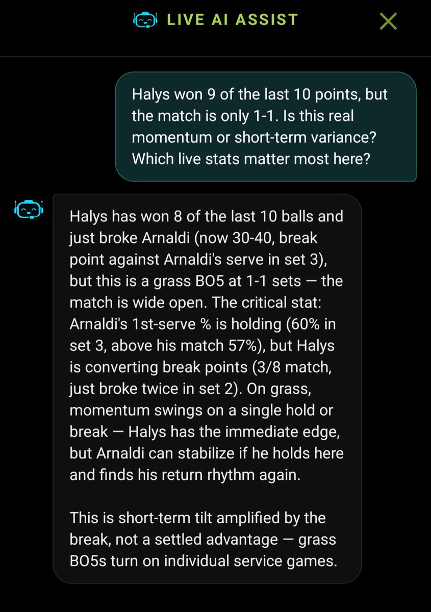 Edgity's tweet photo. "This is short-term tilt amplified by the break, not a settled advantage."One break on grass can completely change the narrative.The AI focuses on why momentum exists, not just that it exists. 
Sign up at https://t.co/TuLfCnEDpN

#Odds #Wimbledon #AISports https://t.co/y2CmRII3XF