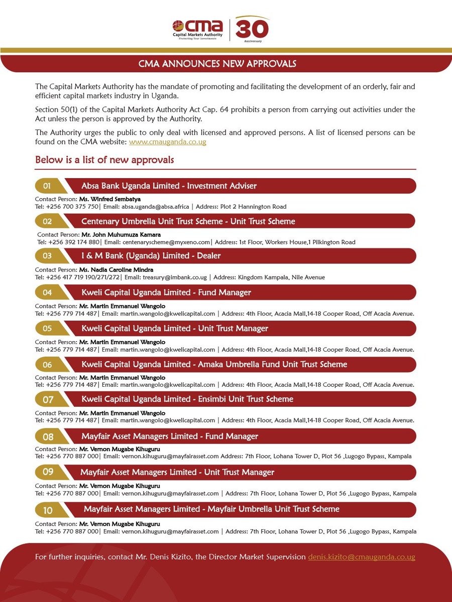 CmaUganda's tweet photo. The Capital Markets Authority (CMA) has approved new participants in Uganda’s capital markets, widening the opportunities open to investors.

Your investments are safe when you deal with regulated entities in the capital markets.

Always confirm that any service provider you engage is licensed or approved by CMA before you commit your hard earned money.

The full list of licensed persons is available at https://t.co/xr4HdEV7KV