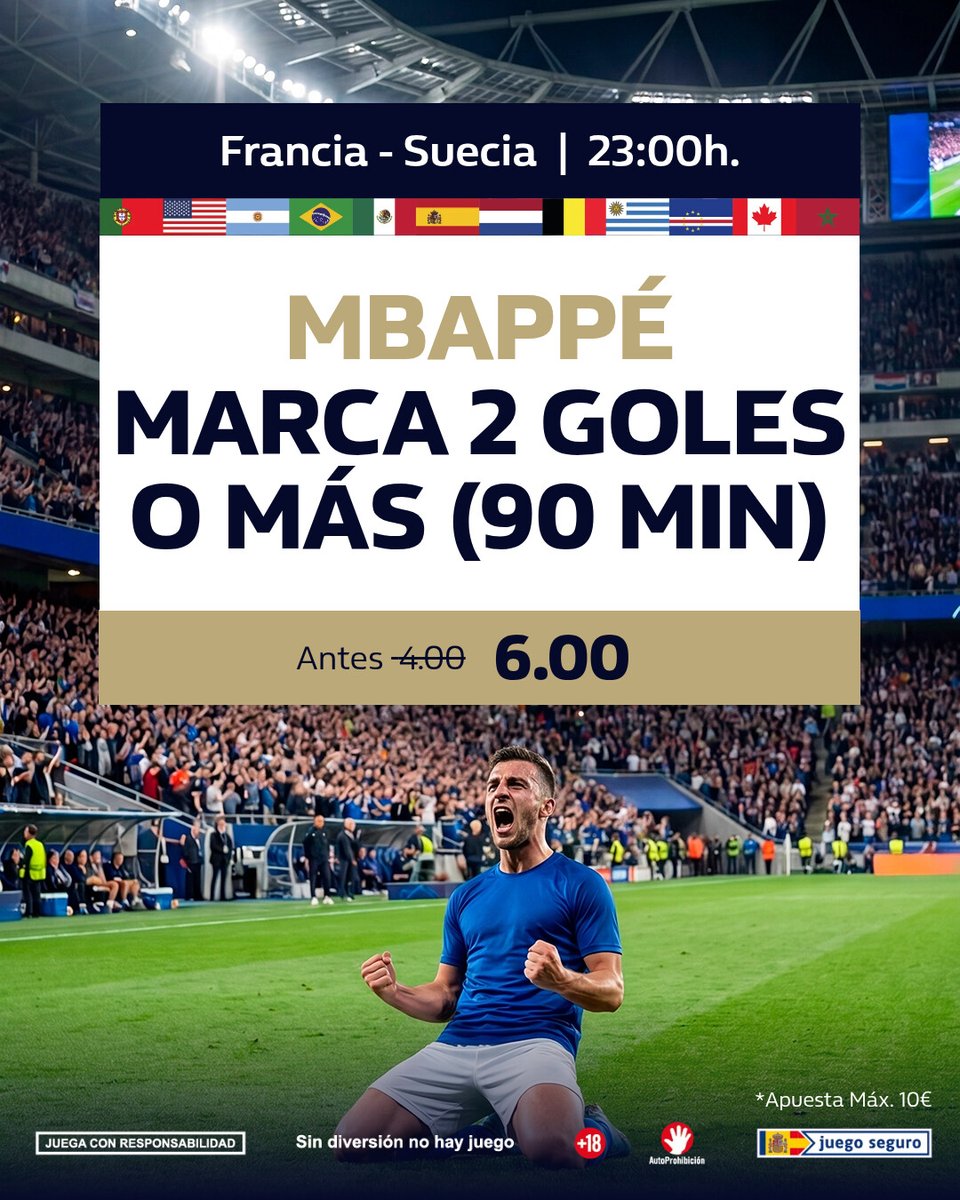 WilliamHillES's tweet photo. ✨ En el anterior partido, Mbappé le cedió el protagonismo a Dembelé, dándole dos asistencias contra Noruega

❓ ¿Crees que esta noche Kylian volverá a ser el protagonista? Échale un vistazo aquí a la Cuota Extraordinaria de hoy: https://t.co/UjNb8op8WQ

⚠️ #JuegoResponsable 🔞 https://t.co/OMSW7fKCo5